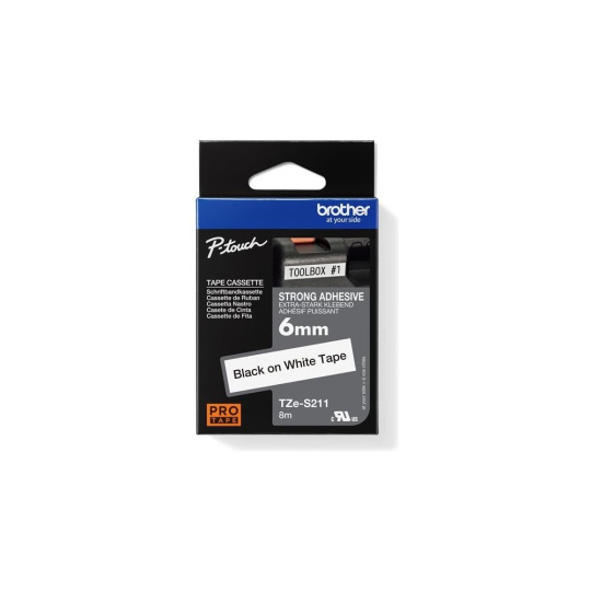 Brother Tze-S211 páska černá na bílém 6 mm extra lepidlo Brother Tze-S211 páska černá na bílém 6 mm extra lepidlo