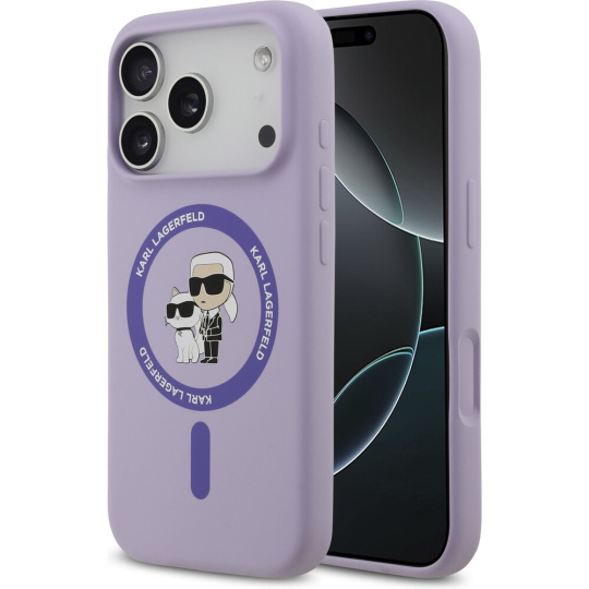Karl Lagerfeld Liquid Silicone Karl and Choupette MagSafe kryt iPhone 17 Pro fialový
