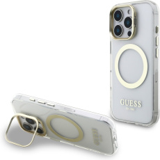 Guess IML Gold Outline Stand Camera Frame MagSafe kryt iPhone 16 Pro čirý