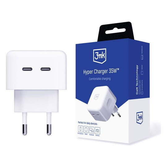 3mk Hyper Charger 35W síťová nabíječka, GaN, 2x USB-C (PD) bílá