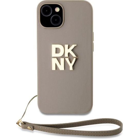 DKNY PU Leather Stack Logo Wrist Strap kryt iPhone 15 béžový