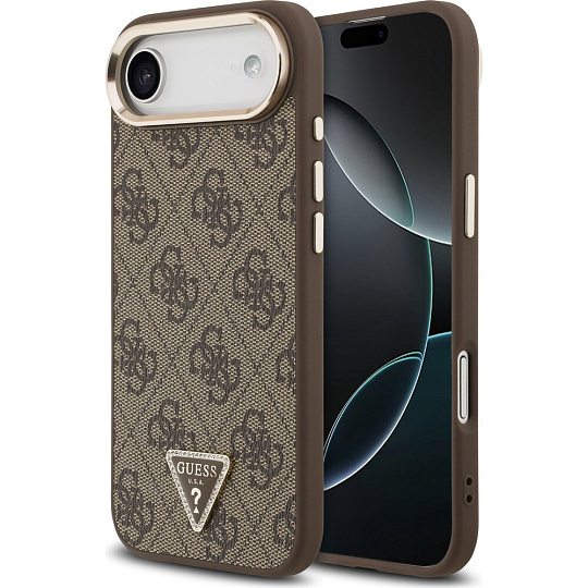 Guess PU Leather 4G Triangle Logo Gold Frame MagSafe kryt iPhone Air hnědý