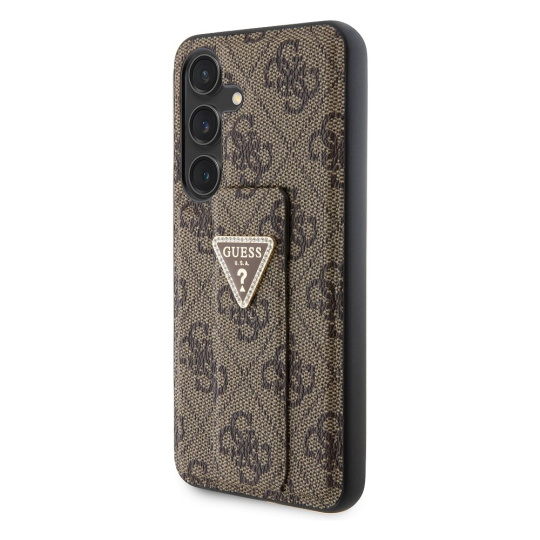 Guess PU Grip Stand 4G Strass Triangle Metal Logo kryt Samsung Galaxy S24 hnědý