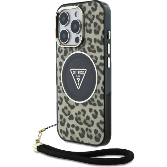 Guess IML Leopard Triangle Logo Strap MagSafe kryt iPhone 16 Pro hnědý