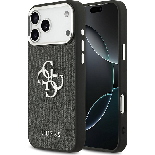 Guess PU 4G Metal Logo kryt iPhone 17 Pro Max stříbrný/černý