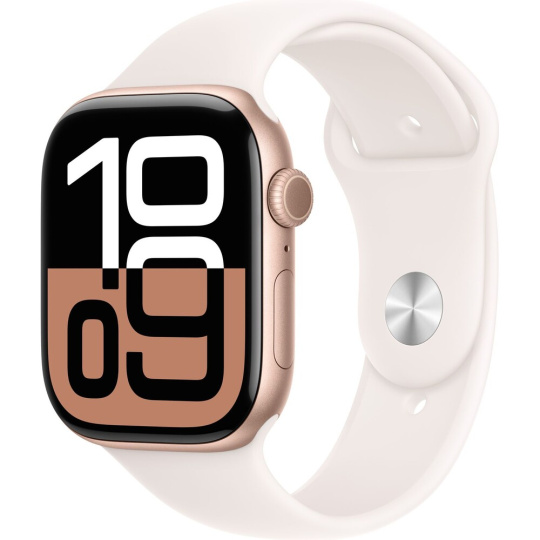 Apple Watch Series 10 42mm Růžově zlatý hliník se světle ruměnným sportovním řemínkem S/M