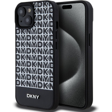 DKNY PU Leather Repeat Pattern Bottom Stripe MagSafe kryt iPhone 15 černý