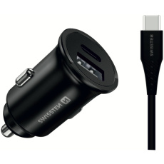 SWISSTEN CL kovový adaptér do auta 25W (Samsung)+kabel USB-C/USB-C černý