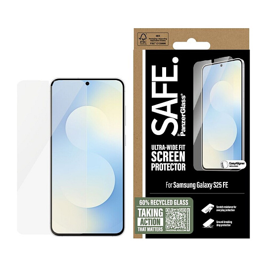 PanzerGlass® SAFE Ultra-Wide Fit sklo Samsung Galaxy S25 FE s instalačním rámečkem