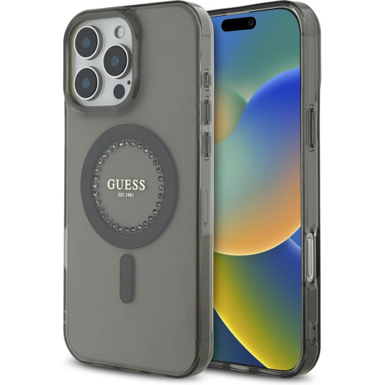 Guess IML Rhinestones Ring MagSafe kryt iPhone 16 Pro Max černý