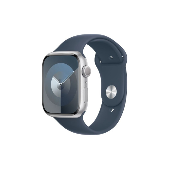 Apple Watch Series 9 45mm Stříbrný hliník s bouřkově modrým sportovním řemínkem M/L