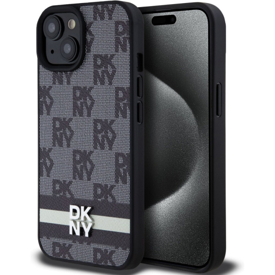 DKNY PU Leather Checkered Pattern and Stripe kryt iPhone 15 černý