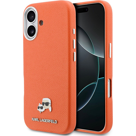 Karl Lagerfeld PU Karl and Choupette Heads Pins MagSafe kryt iPhone 17 oranžový