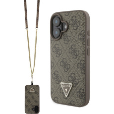 Guess PU 4G Strass Triangle Metal Logo kryt + Crossbody Popruh pro iPhone 16 hnědý