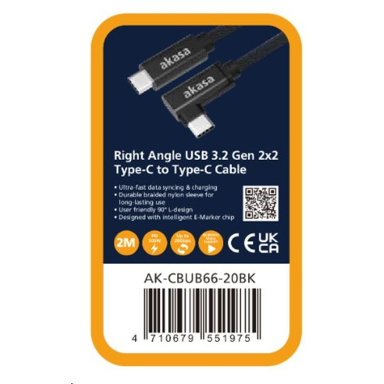 AKASA kabel USB 3.2 Gen2x2 Type-C na C Cable, pravoúhlý, 100W, 20G, 4K@60Hz