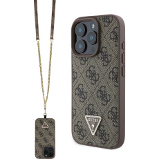 Guess PU 4G Strass Triangle Metal Logo kryt + Crossbody Popruh pro iPhone 16 Pro hnědý