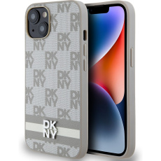 DKNY PU Leather Checkered Pattern and Stripe kryt iPhone 15 béžový