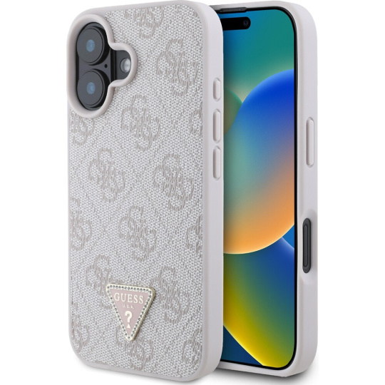 Guess PU 4G Strass Triangle Metal Logo kryt pro iPhone 16 růžový