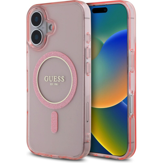 Guess IML Glitter Ring MagSafe kryt pro iPhone 16 růžový