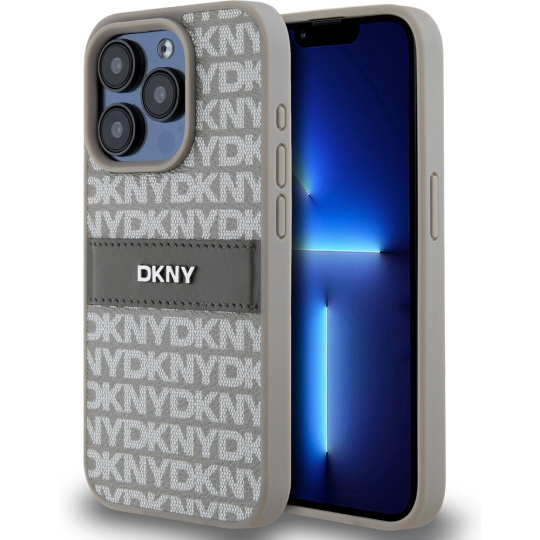 DKNY PU Leather Repeat Pattern Tonal Stripe kryt iPhone 14 Pro Max béžový