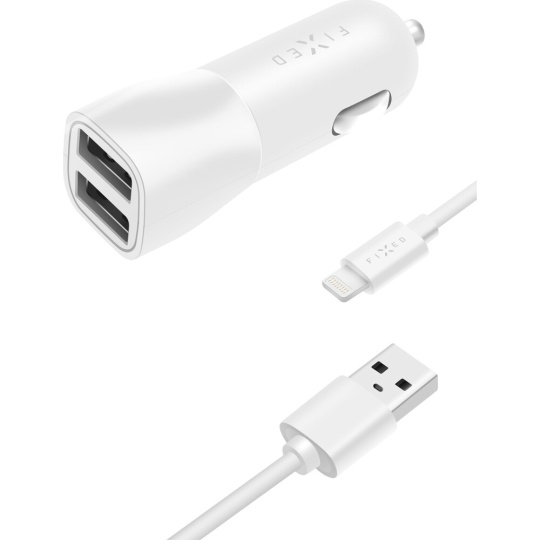 FIXED autonabíječka s 2x USB a USB/Lightning kabelem (1m), MFI, 15W, bílá