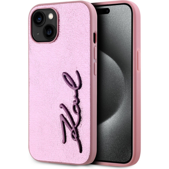 Karl Lagerfeld Wrinkled PU Signature Logo zadní kryt iPhone 15 růžový