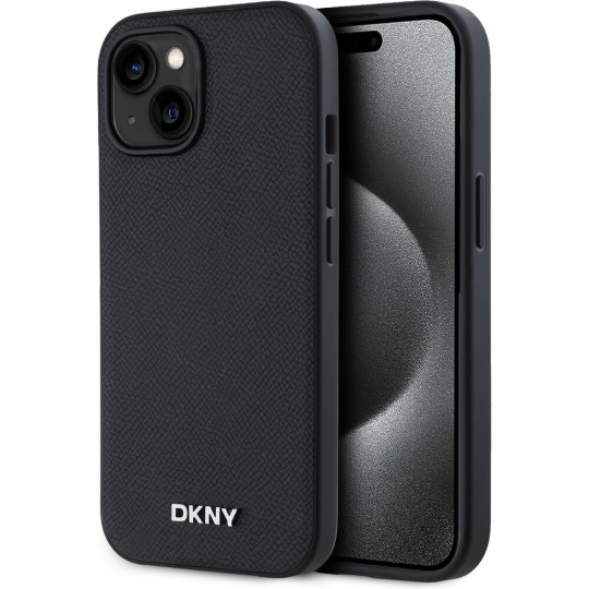 DKNY PU Leather Silver Metal Logo Magsafe kryt iPhone 15 černý