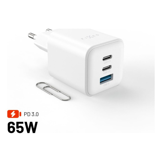 FIXED Mini GaN nabíječka s 2x USB-C/USB-A a podporou PD, 65W, bílá