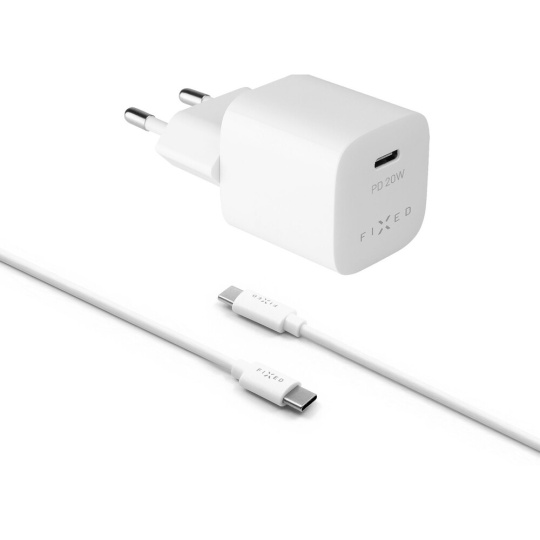 FIXED Mini nabíječka s USB-C a USB-C/USB-C kabelem, PD, 1 m, 20W, bílý