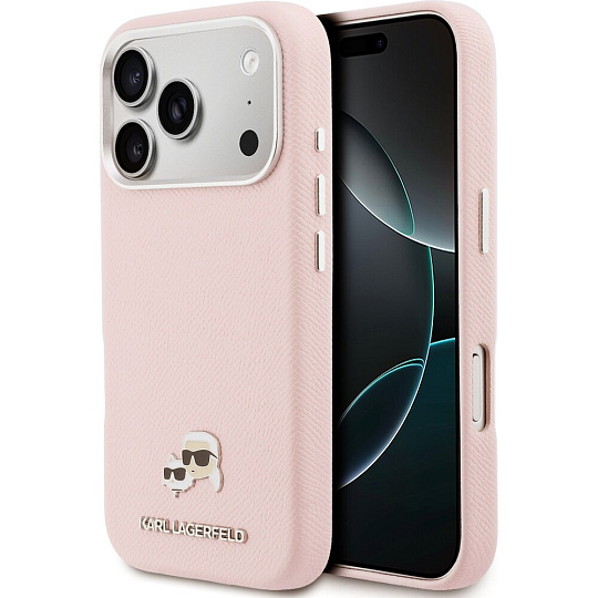 Karl Lagerfeld PU Karl and Choupette Heads Pins MagSafe kryt iPhone 17 Pro růžový