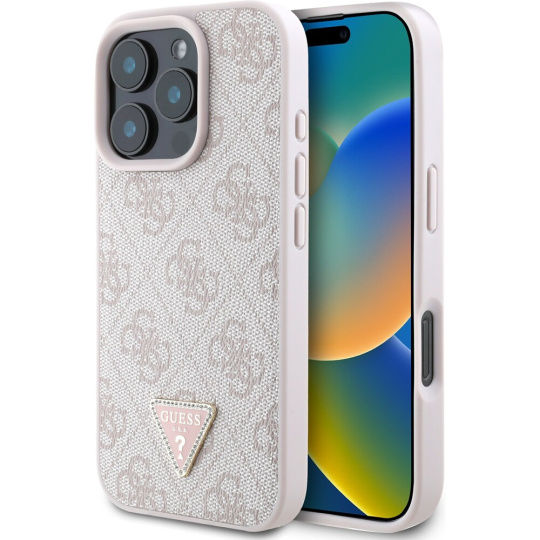 Guess PU 4G Strass Triangle Metal Logo kryt pro iPhone 16 Pro Max růžový