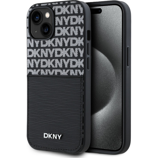 DKNY PU Leather Repeat Pattern Card Pocket kryt iPhone 15 černý