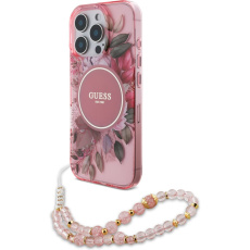 Guess IML Flowers Pearl Strap MagSafe kryt iPhone 15 Pro Max růžový