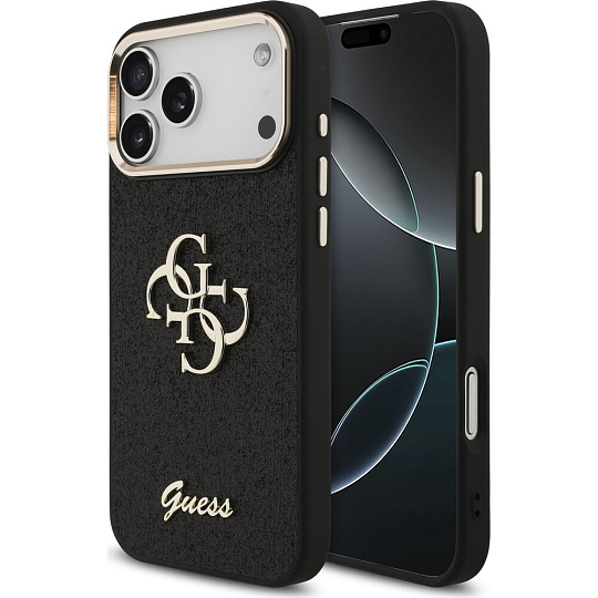 Guess PU Fixed Glitter 4G Metal Frame kryt iPhone 17 Pro Max černý