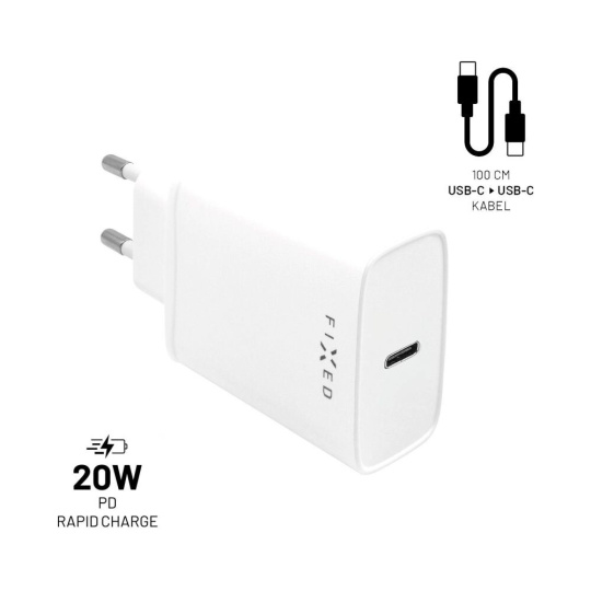 FIXED síťová USB-C nabíječka s USB-C/USB-C kabelem, PD, 1 m, 20W, bílá