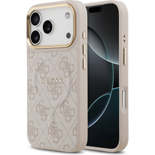 Guess PU Leather 4G Gold Frame MagSafe kryt iPhone 17 Pro růžový