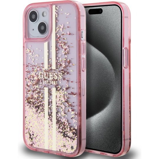 Guess PC/TPU Liquid Glitter Gold Stripe kryt iPhone 15 růžový