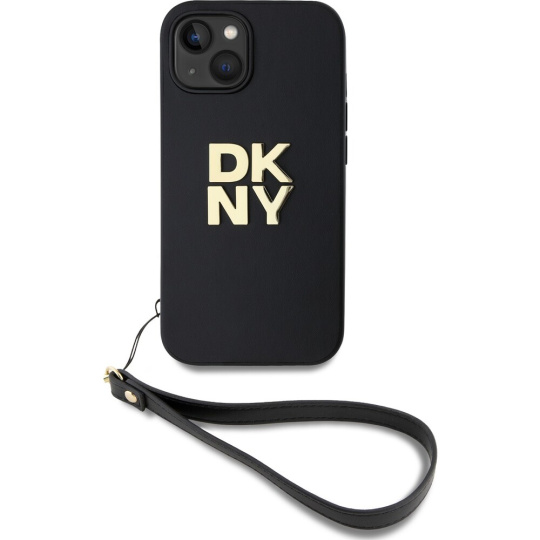 DKNY PU Leather Stack Logo Wrist Strap kryt iPhone 15 černý