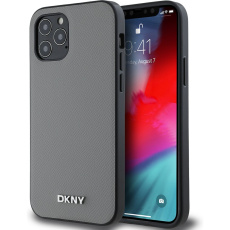 DKNY PU Leather Silver Metal Logo Magsafe kryt iPhone 12/12 Pro šedý