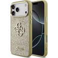 Guess PU Fixed Glitter 4G Metal Frame kryt iPhone 17 Pro Max zlatý