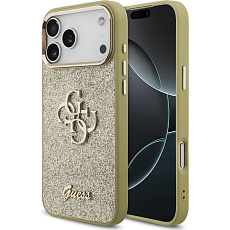 Guess PU Fixed Glitter 4G Metal Frame kryt iPhone 17 Pro Max zlatý