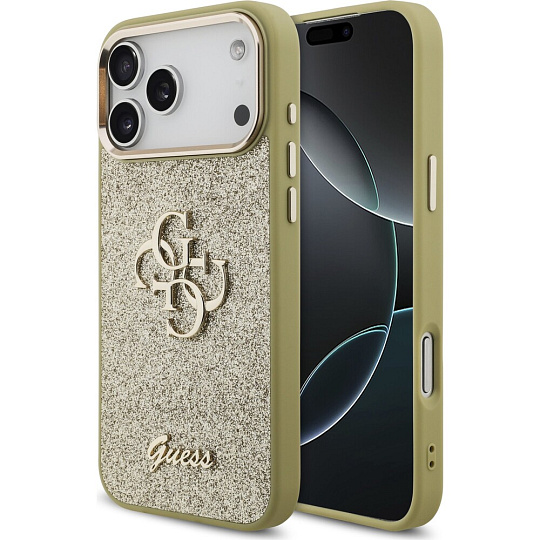 Guess PU Fixed Glitter 4G Metal Frame kryt iPhone 17 Pro Max zlatý