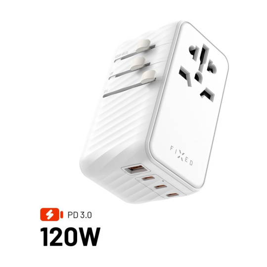 FIXED Voyager (120W) cestovní adaptér EU/UK/USA/AUS, 3xUSB-C a 1xUSB, GaN, PD, bílý