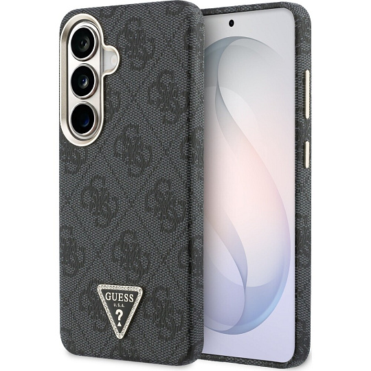 Guess PU Leather 4G Strass Triangle Logo Gold Frame Magnetic kryt Samsung Galaxy S26 černý