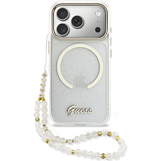 Guess IML Glitter Script Strap MagSafe kryt iPhone 17 Pro Max čirý