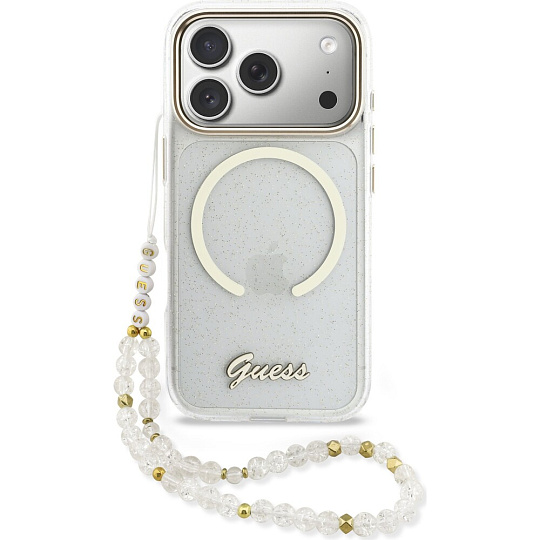 Guess IML Glitter Script Strap MagSafe kryt iPhone 17 Pro Max čirý