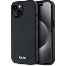 DKNY PU Leather Silver Metal Logo Magsafe kryt iPhone 14 černý