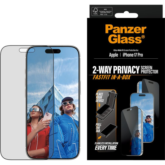 PanzerGlass® Privacy sklo Apple iPhone 17 Pro s bezprašným aplikačním boxem