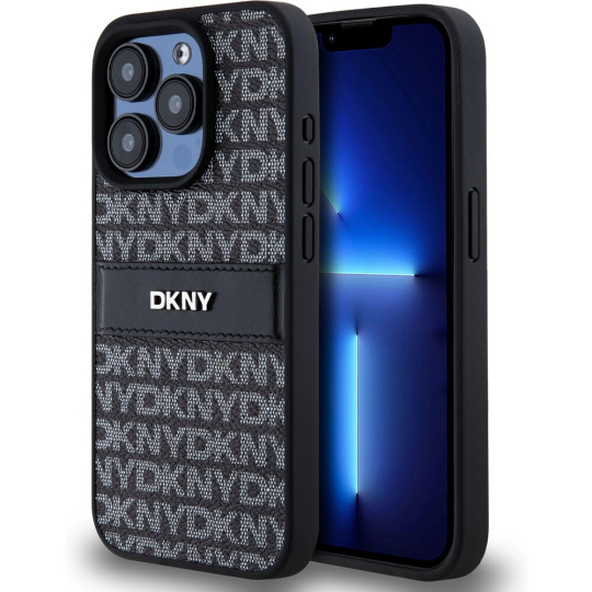 DKNY PU Leather Repeat Pattern Tonal Stripe kryt iPhone 14 Pro Max černý