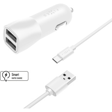 FIXED autonabíječka s 2x USB a USB/USB-C kabelem (1m), 15W, bílá